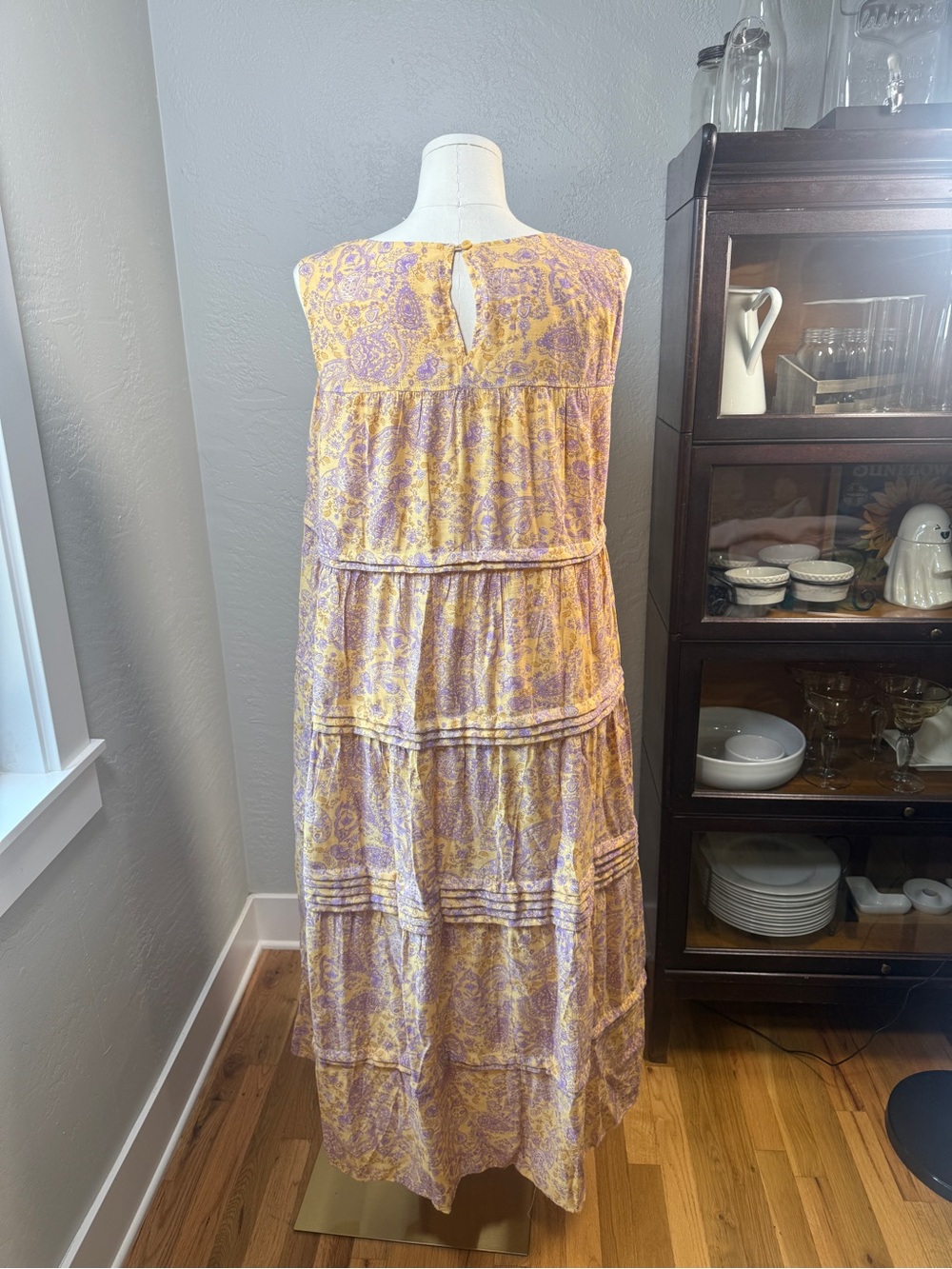 J. Jill Paisley Tiered Maxi Dress Sleeveless Yellow Purple Boho Lined Size XL - Picture 4 of 8